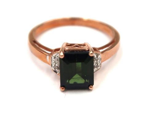 A 9ct gold octagon tourmaline ring with brilliant cut diamond shoulders. Size N.  Weight 2.81 grams.