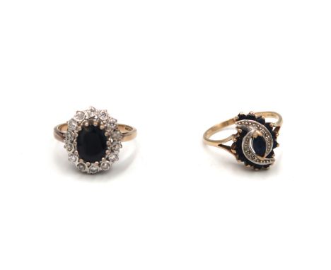 Two 9ct gold rings to include an oval sapphire and CZ cluster. Size R 1/2. A sapphire and single cut diamond marquise cluster