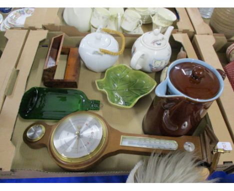 TRAY CONTAINING QUANTITY OF CERAMICS AND SMALL BAROMETER IN WOODEN CASE