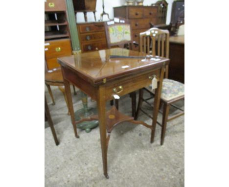 EDWARDIAN MAHOGANY INLAID ENVELOPE CARD TABLE, 56CM WIDE