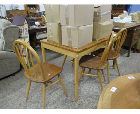 MODERN DINING SUITE COMPRISING A LIGHT WOOD TABLE AND FOUR STICK BACK CHAIRS