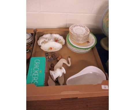 TRAY CONTAINING CERAMIC ITEMS INCLUDING SAUCERS BY COPELAND ETC