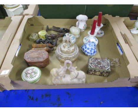 TRAY CONTAINING CERAMICS INCLUDING A SATSUMA STYLE KORO AND COVER, THE FINIAL MODELLED AS A JAPANESE MUSICIAN