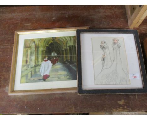 WATERCOLOUR OF GEESE IN BLACK WOODEN FRAME AND FURTHER PRINT OF CHORISTERS