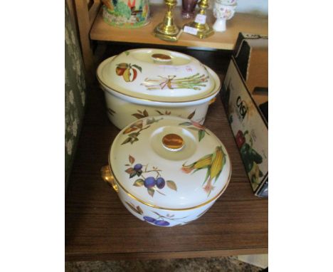 TWO TUREENS AND COVERS BY ROYAL WORCESTER DECORATED WITH PRINTS OF VEGETABLES