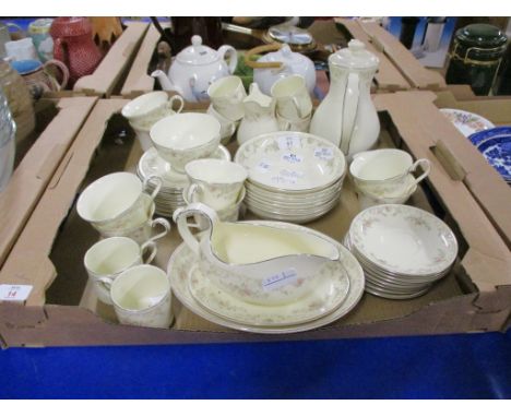 TEA SET BY ROYAL DOULTON IN THE DIANA PATTERN COMPRISING COFFEE POT, MILK JUG, SUGAR BOWL, 8 CUPS, 6 COFFEE CANS AND SAUCERS 