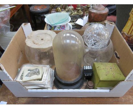 SUNDRY LOT INCLUDING MUSHROOM LAMP, FISH BOWLS, VICTORIAN GLASS DOME, CLOCK, BADGES AND POSTCARDS, ETC. 