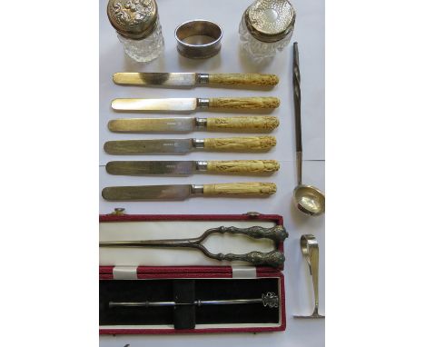 MIXED LOT OF VARIOUS SMALL SILVER ITEMS INCLUDING GEORGIAN PUNCH LADLE, DRESSING JARS, NAPKIN RING, CURLING TONG AND SEAL ROD