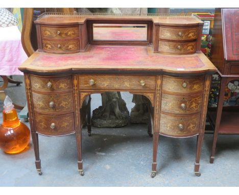 ROSEWOOD INLAID LEATHER TOPPED AND MIRROR BACKED ELEVEN DRAWER KNEEHOLE LADIES WRITING DESK WITH BRASS GALLERY