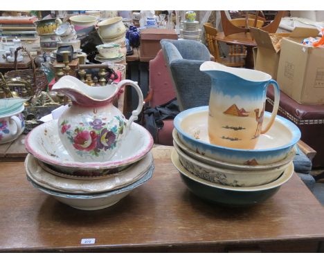 TWO CERAMIC JUG AND BOWL SETS PLUS VARIOUS WASHBOWLS, ETC. 