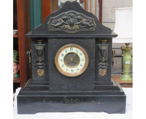 LARGE BLACK SLATE MANTEL CLOCK, APPROXIMATELY 51cm HIGH 