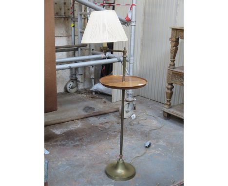 BRASS VICTORIAN STYLE ADJUSTABLE STANDARD LAMP WITH CIRCULAR MAHOGANY TIER 