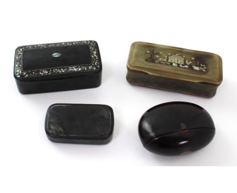 A 19th century mother of pearl and white metal inlaid horn snuff box, width approx 8.5cm, two further ebonised examples and a