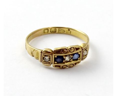 An 18ct yellow gold diamond and sapphire ring, size R, approx 3.1g.
