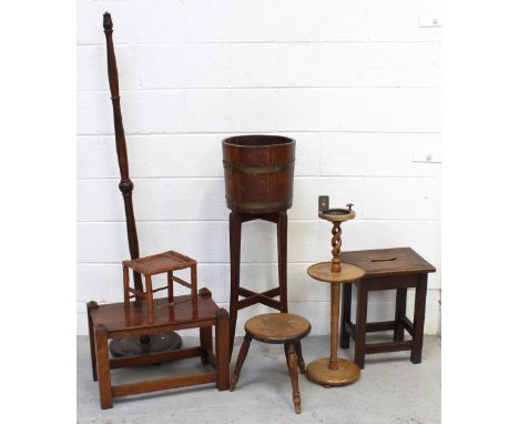 A metal-bound jardinière on stand by R A Lister & Co, four assorted stools; one stamped 'Home Farm', a standard lamp and a sm