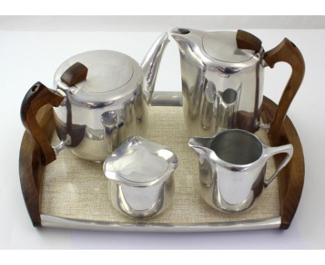 A Picquot ware four-piece tea service with tray comprising teapot, hot water jug/coffee pot, milk jug, sugar bowl and tray (5