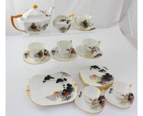 A Shelley 'Sunset & Flowers' pattern six-setting tea service. CONDITION REPORT Cracks to two cups, one 7cm, one 3cm,  and hai