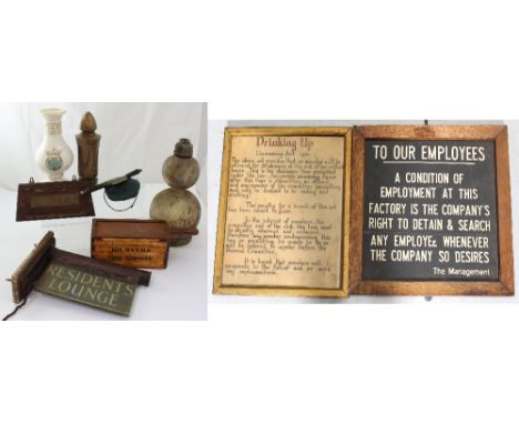 A mixed lot to include a Mission collection box, a pub 'Drinking Up' sign, one other sign, a Royal Worcester vase etc.