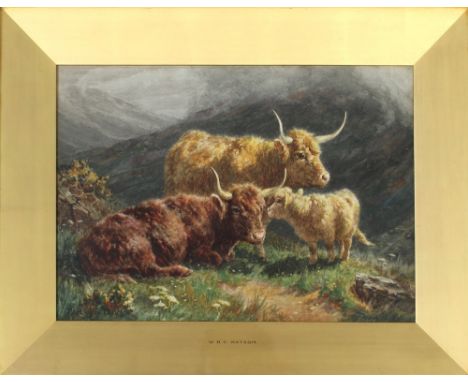 WILLIAM R C WATSON (1866-1921); watercolour, Highland landscape with Highland cattle and calf, signed lower-left WRC Watson, 