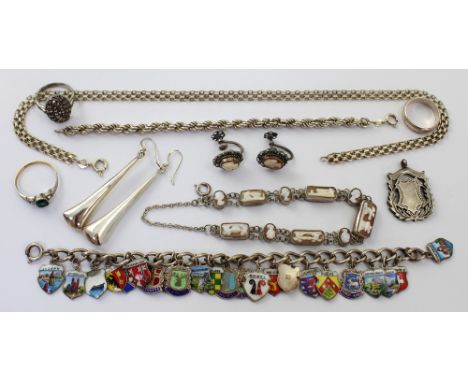 A quantity of silver and white metal jewellery to include a silver charm bracelet with enamel charms, a hallmarked silver Liv