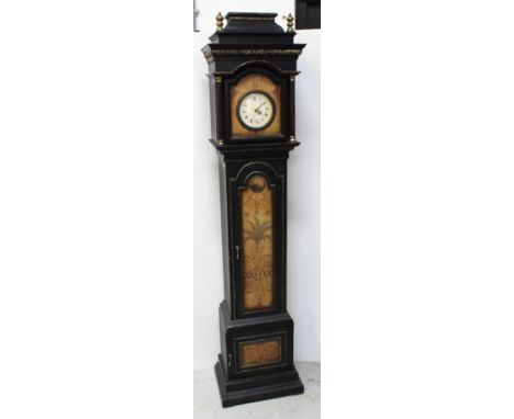 A contemporary period-style ebonised grandmother clock, stepped Classical top above white dial set with Roman numerals, faux 