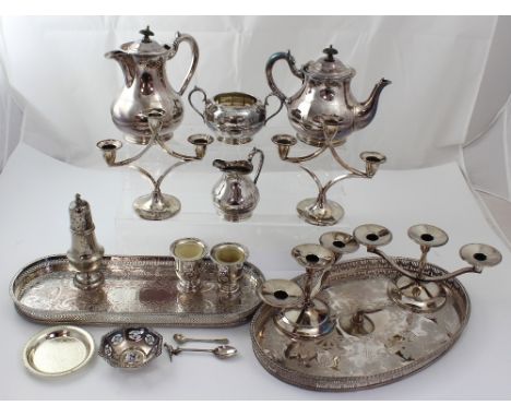 A four-piece Walker & Hall plated tea service, two presentation plate trays and two sets of three-branch candelabra, plus oth