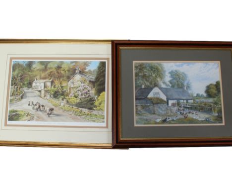 R WALTER HUTTON (20TH CENTURY); Edwardian watercolour, farm scene with mother and child, signed lower-left, dated July 1908, 