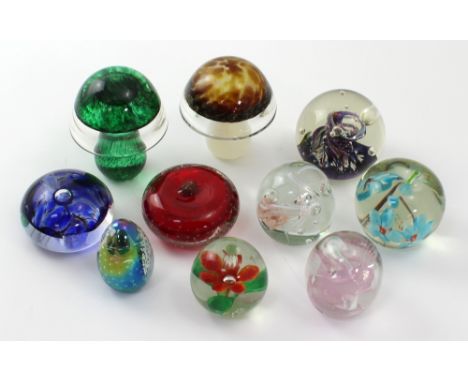 A quantity of 20th century paperweights to include two in the form of mushrooms by Avondale Glass, height approx 10cm, exampl