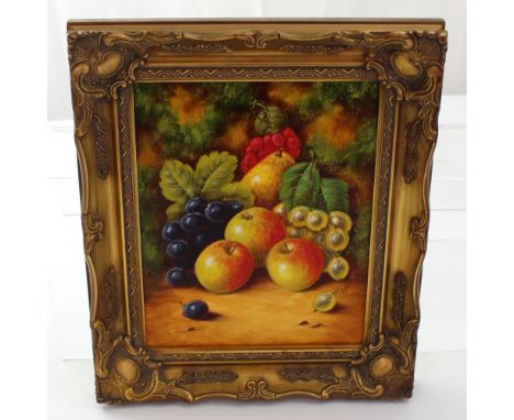 J F SMITH (B1934); oil on canvas, still life with apples and grapes, signed lower-right, 25.5 x 20cm, in gilt frame. Smith is