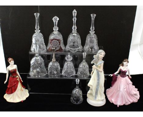 Nine cut glass and crystal bells of various sizes, a Nao-style figure, a Coalport 'Ladies of Fashion', 'Happy Birthday', a Ro