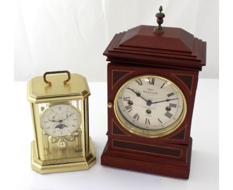 Sewills; an eight-day mahogany-cased mantel clock, painted dial with Roman numerals, height 40cm and a Sewills brass-cased an