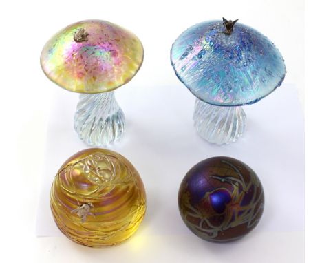 A Ditchfield Glasform mushroom paperweight with sterling silver frog, signed to the bottom by John Ditchfield with original p