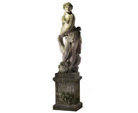 A Continental sculpted limestone group of Venus and a dolphin, 20th century  A Continental sculpted limestone group of Venus 