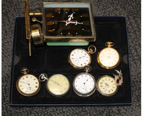 A group of six pocket watches including one silver, gold plated etc., together with a vintage Japanese clock, all as found. 