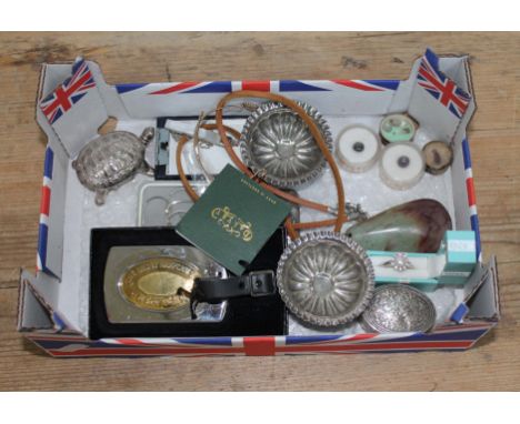 A box of misc collectables including silver items, minerals, an unmarked yellow bangle (broken), dress ring, loose crystal in