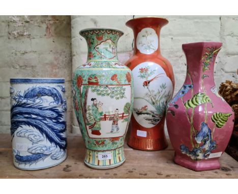 Four modern Chinese vases.Condition:- Red vase only, general wear through age and use, some light wear to gilt throughout, no