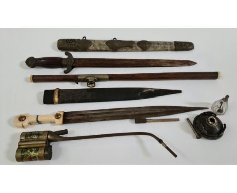 A mixed lot of eastern items comprising a Chinese short sword, a bone handled kindjal with double edge and single fullered si