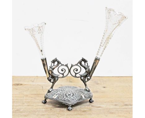 A silver plated epergne, cut glass trumpet posies, damaged/repaired, part missing. 