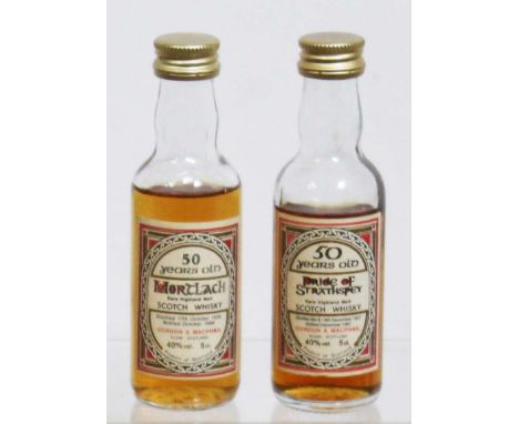Two Gordon &amp; Macphail 50 year old scotch whisky miniatures: Mortlach &amp; Pride of Strathspey. 