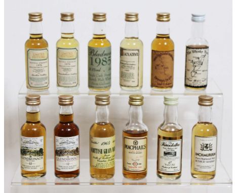 12x scotch whisky miniatures comprising two Blackadder Limited Editions Natural Strength 1976 Macallan and 1979 Bunnahabhain,