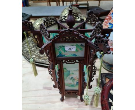 A modern Chinese hardwood and glass panel lantern, height 46cm. 