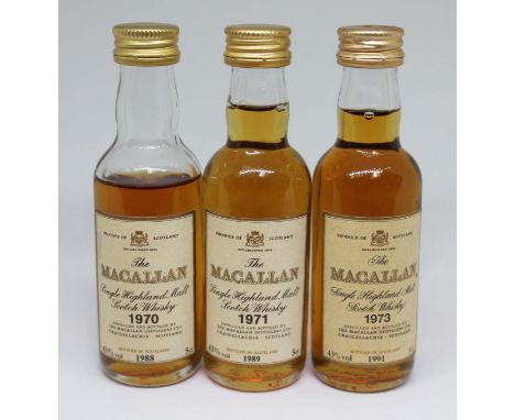 3x Macallan single malt scotch whisky miniatures; 1970, 1971 & 1973.P&P £20+VAT within UK 