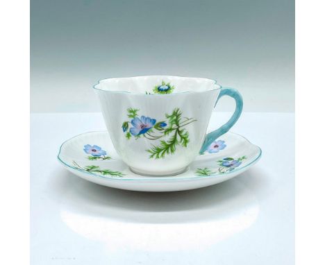White cup and saucer set with light blue trims. Beautifully decorated in a blue flower pattern. Shelley backstamp. Cup: 4.25"
