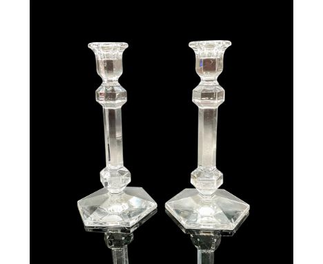 Pair of crystal candlestick holders with hexagonal stems and bases. Val St. Lambert acid marks to bases. Each measures. 5"W x