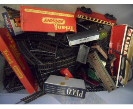 BOX OF MODEL RAILWAY TRACK AND TRAINS