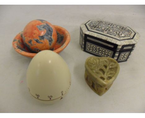 4 PIECES TO INCLUDE RETRO EGG TIMER, INLAID MOTHER OF PEARL BOX, ONYX HEART SHAPED BOX AND MAP EFFECT BALL AND DISH