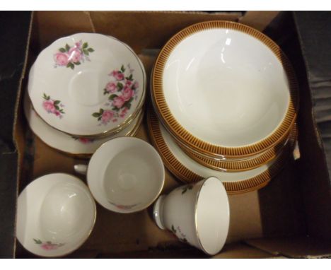 BOX OF MIXED CHINA TO INCLUDE POOLE PLATES AND QUEEN ANNE CUPS AND PLATES