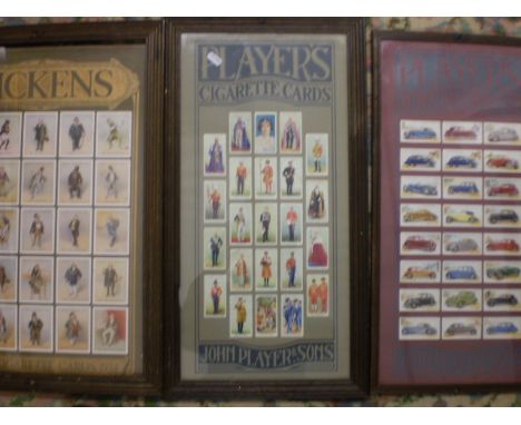 3 CIGARETTE CARD COLLECTIONS, DICKENS, ROYAL/MILITARY AND VINTAGE CARS. 2 ARE PLAYERS, ONE IS COPES. ALL FRAMED AND GLAZED. L