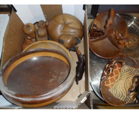BOX OF TREEN INCLUDING BOWLS AND ANIMAL FIGURES