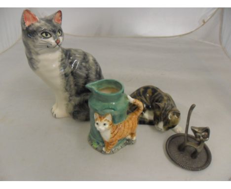 4 CAT FIGURES ONE JAMES HERRIOT BABBACOMBE POTTERY AND ONE SILVER PLATE